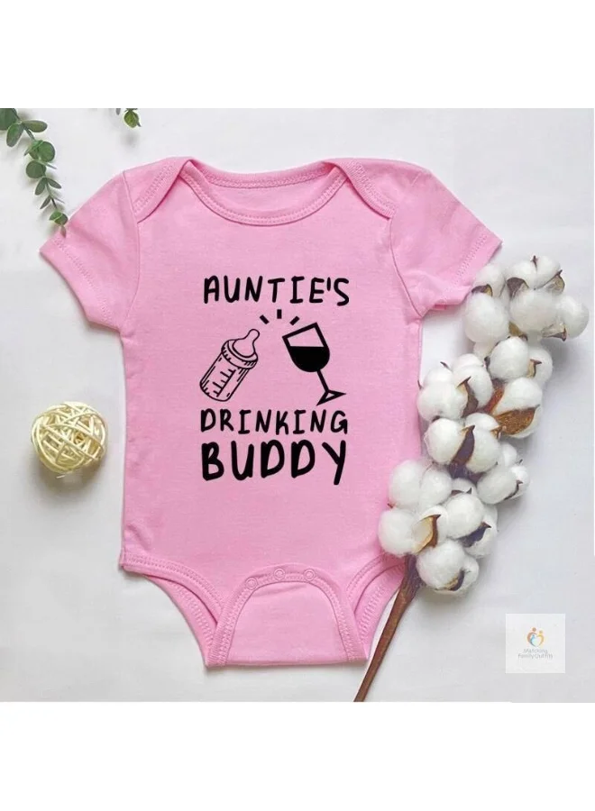 Auntie’s Drinking Buddy Baby Romper – Pink | Funny Quote Cotton Bodysuit | Short Sleeve Infant Onesie | Baby Shower Gift for Newborn Girl | Matching Family Outfits