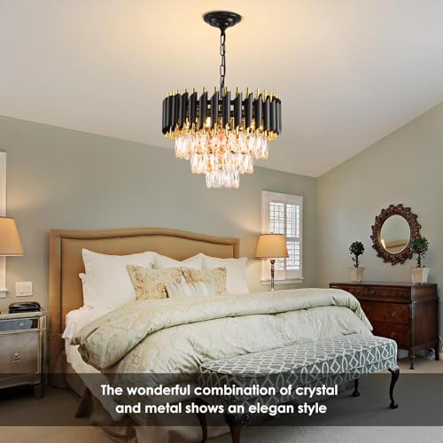 AKDXIRUN Modern Crystal Chandelier Black and Gold Chandelier 3-Tier Round Chandeliers Pendant Ceiling Light Fixture Flush Mount Chandelier for Dining Room Living Room Bedroom Foyer Hallway Entryway W16" - Image 4