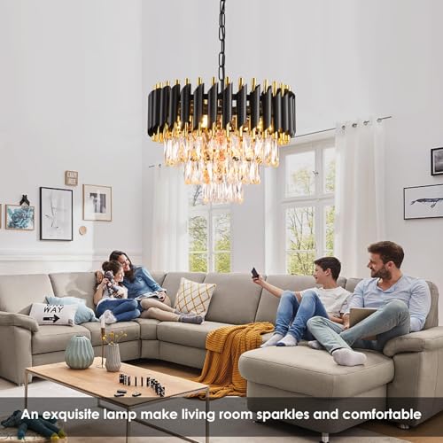 AKDXIRUN Modern Crystal Chandelier Black and Gold Chandelier 3-Tier Round Chandeliers Pendant Ceiling Light Fixture Flush Mount Chandelier for Dining Room Living Room Bedroom Foyer Hallway Entryway W16" - Image 2