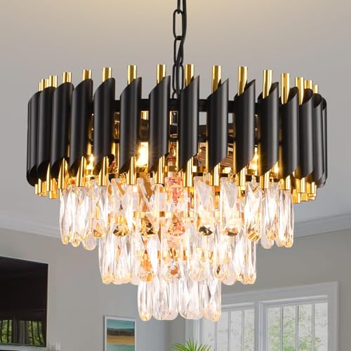 AKDXIRUN Modern Crystal Chandelier Black and Gold Chandelier 3-Tier Round Chandeliers Pendant Ceiling Light Fixture Flush Mount Chandelier for Dining Room Living Room Bedroom Foyer Hallway Entryway W16" - Image 1