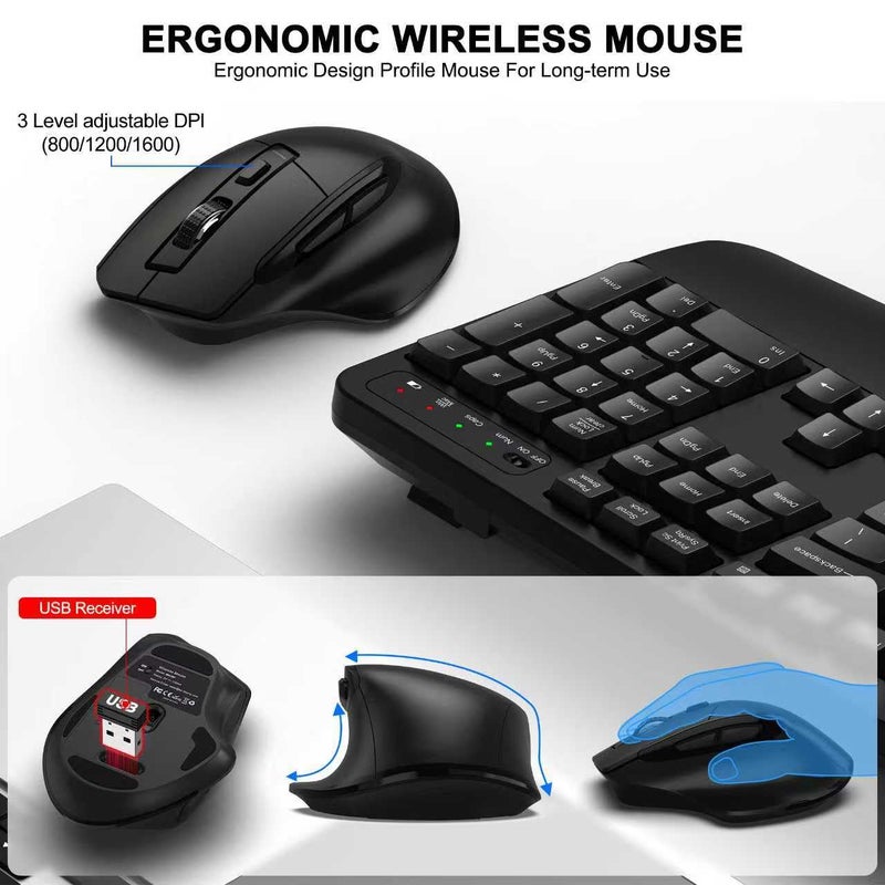 ULSOU Wireless Keyboard and Mouse Combo, 2.4G Full Size Wave Keys Ergonomic Keyboard with Wrist Rest and 3-Level DPI Adjustable Wireless Ergonomic Mouse for Windows, Mac OS Desktop/Laptop/PC(Black) - Image 4