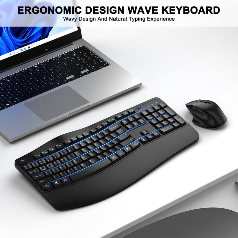 ULSOU Wireless Keyboard and Mouse Combo, 2.4G Full Size Wave Keys Ergonomic Keyboard with Wrist Rest and 3-Level DPI Adjustable Wireless Ergonomic Mouse for Windows, Mac OS Desktop/Laptop/PC(Black) - Image 2