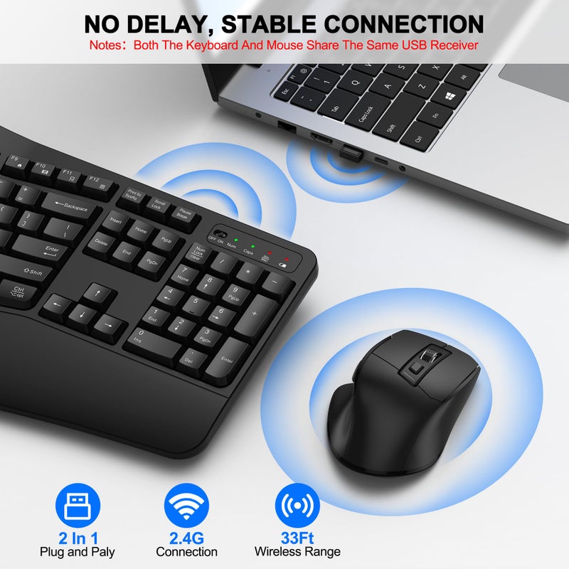ULSOU Wireless Keyboard and Mouse Combo, 2.4G Full Size Wave Keys Ergonomic Keyboard with Wrist Rest and 3-Level DPI Adjustable Wireless Ergonomic Mouse for Windows, Mac OS Desktop/Laptop/PC(Black) - Image 5