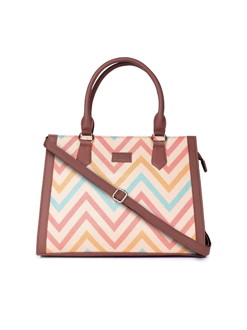 ZOUK Printed Jute Handcrafted Vegan Leather Multicolor Women's Satchel Bag | Ladies Purse Handbag | Double Handle Detachable Strap - Image 1