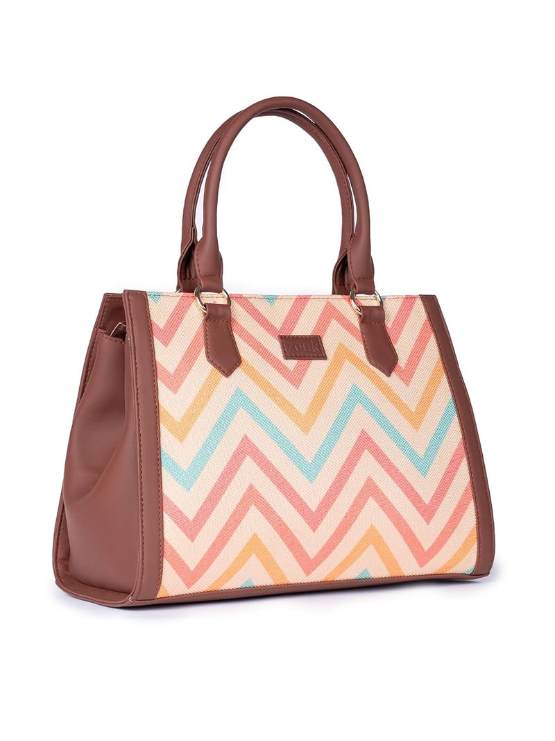 ZOUK Printed Jute Handcrafted Vegan Leather Multicolor Women's Satchel Bag | Ladies Purse Handbag | Double Handle Detachable Strap - Image 4