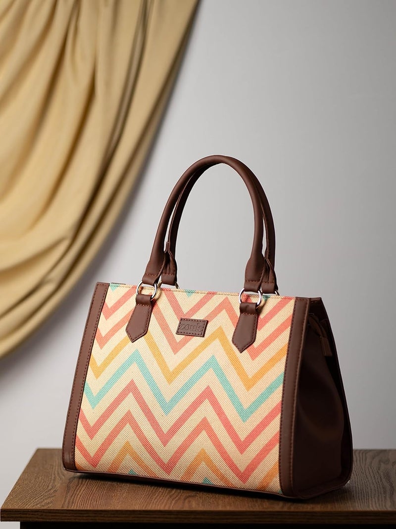 ZOUK Printed Jute Handcrafted Vegan Leather Multicolor Women's Satchel Bag | Ladies Purse Handbag | Double Handle Detachable Strap - Image 3