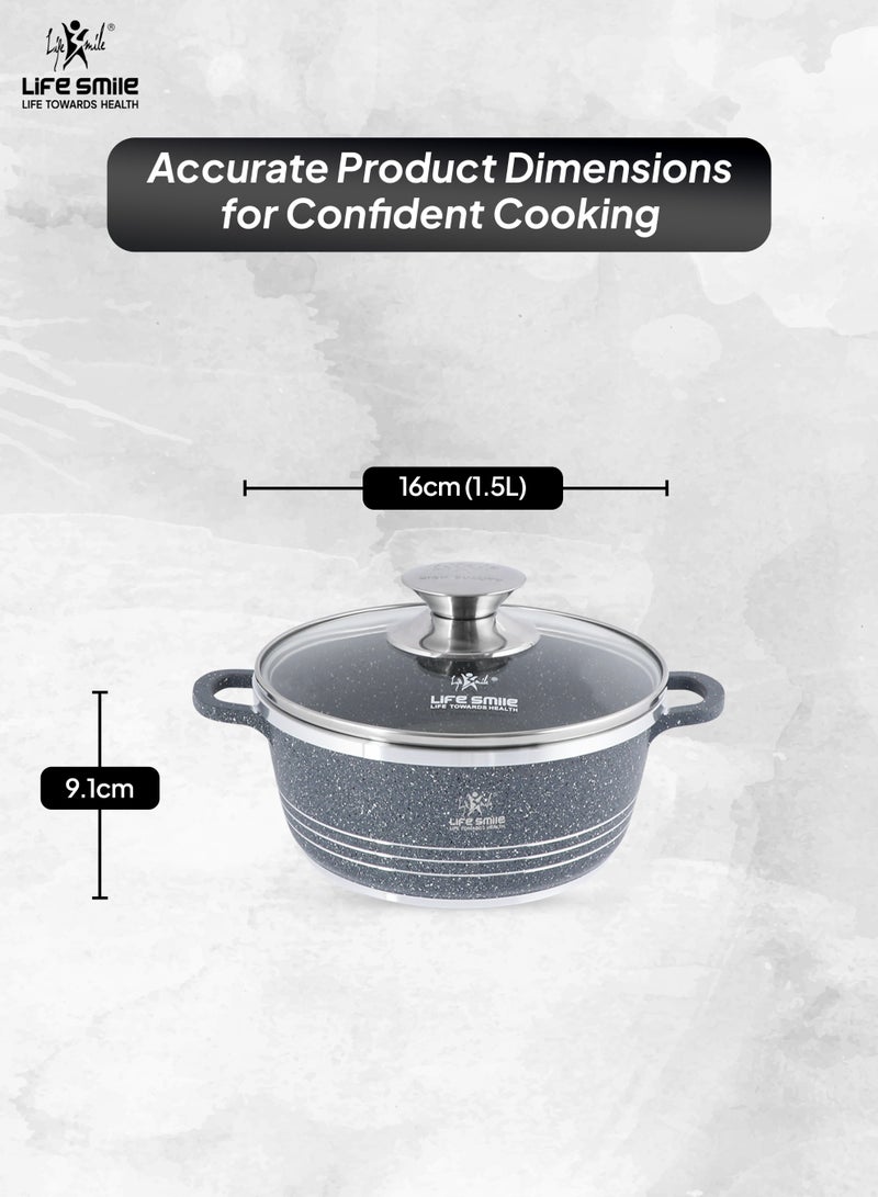 Life Smile 16cm (1.5 Liter) LIFE SMILE Non-Stick Cooking Pot | Aluminum Soup Pot With Glass Lid | 100% PFOA Free, Fixed Handle | Multi Layer Non-Stick Granite Coating | Oven safe Cookwares  - Image 4