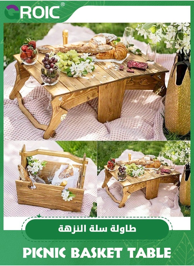 طاولة سلة نزهة قابلة للطي مصنوعة من الخشب، طاولة نزهة قابلة للطي مع حامل كؤوس النبيذ، طاولة نزهة 2 في 1 سلة تخزين قابلة للتحويل، معدات تخييم طبيعية للطاولة المحمولة