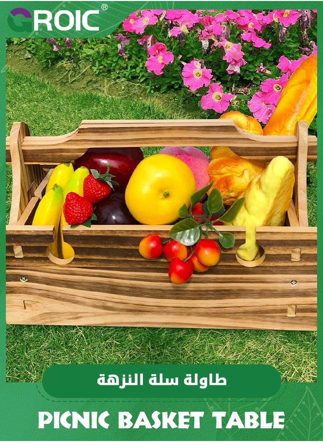 طاولة سلة نزهة قابلة للطي مصنوعة من الخشب، طاولة نزهة قابلة للطي مع حامل كؤوس النبيذ، طاولة نزهة 2 في 1 سلة تخزين قابلة للتحويل، معدات تخييم طبيعية للطاولة المحمولة