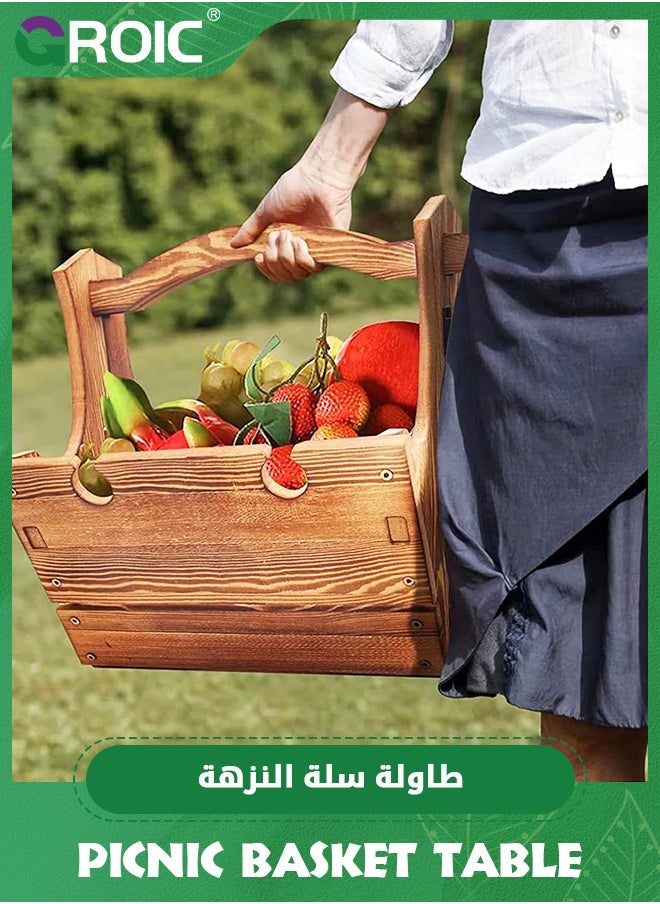 طاولة سلة نزهة قابلة للطي مصنوعة من الخشب، طاولة نزهة قابلة للطي مع حامل كؤوس النبيذ، طاولة نزهة 2 في 1 سلة تخزين قابلة للتحويل، معدات تخييم طبيعية للطاولة المحمولة
