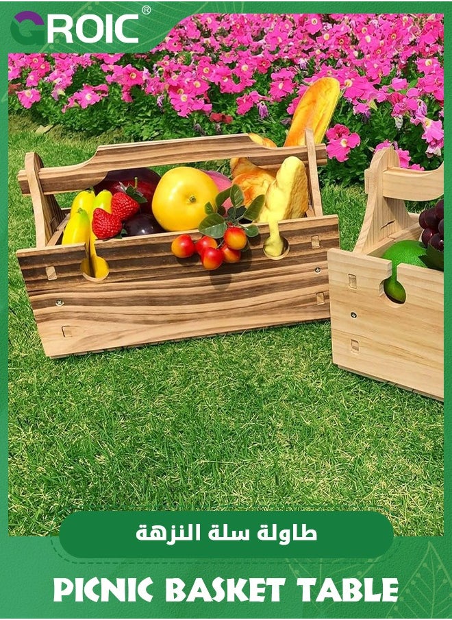 طاولة سلة نزهة قابلة للطي مصنوعة من الخشب، طاولة نزهة قابلة للطي مع حامل كؤوس النبيذ، طاولة نزهة 2 في 1 سلة تخزين قابلة للتحويل، معدات تخييم طبيعية للطاولة المحمولة