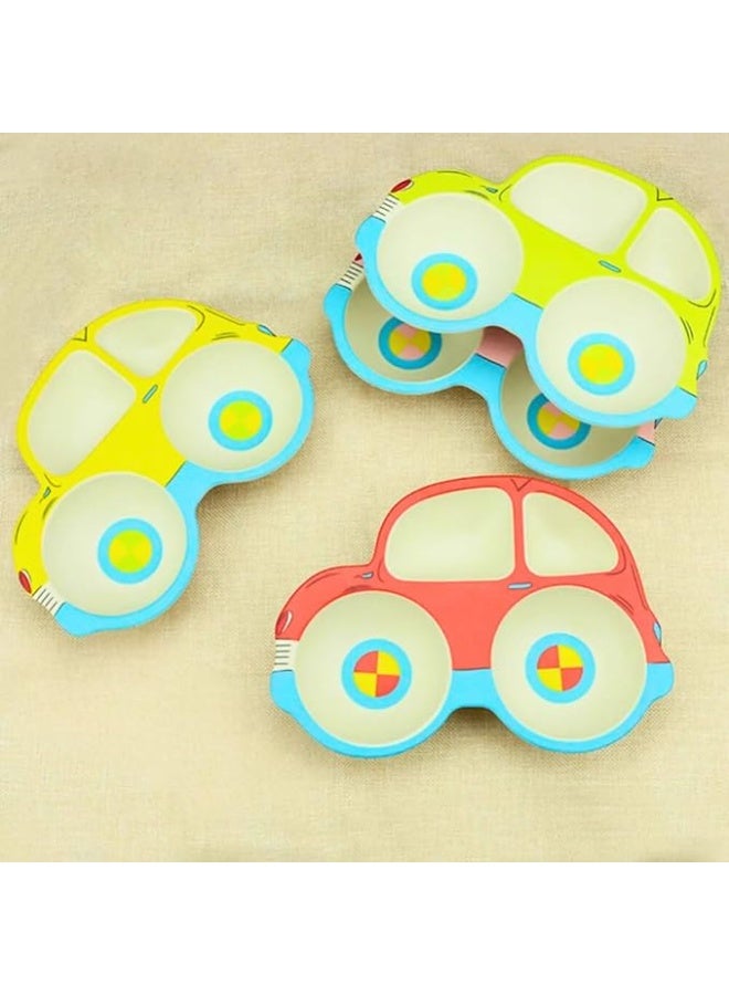 1 Car-Shaped Bamboo Fiber Weaning Plate Bowl BPA-Free, with Plastic Spoon, Fork and Knife, Cutlery Set In Rondom Colors for Feeding and Outdoor Eco-Friendly - Image 2