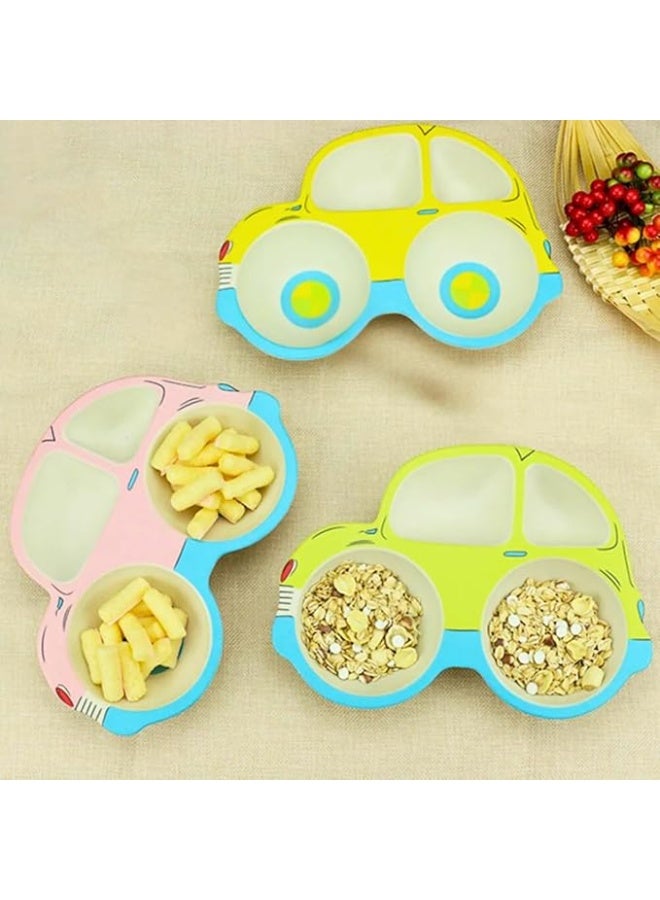 1 Car-Shaped Bamboo Fiber Weaning Plate Bowl BPA-Free, with Plastic Spoon, Fork and Knife, Cutlery Set In Rondom Colors for Feeding and Outdoor Eco-Friendly - Image 3