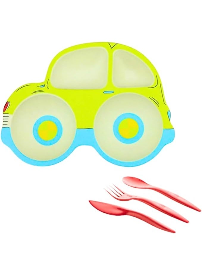 1 Car-Shaped Bamboo Fiber Weaning Plate Bowl BPA-Free, with Plastic Spoon, Fork and Knife, Cutlery Set In Rondom Colors for Feeding and Outdoor Eco-Friendly - Image 1
