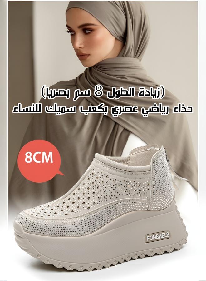 زيادة ارتفاع بصريّة 8 سم - حذاء رياضي نسائي عصري بكعب سميك، حذاء رياضي منصة تهوية مزين بالكريستال للاستخدام اليومي في الصيف - Image 2