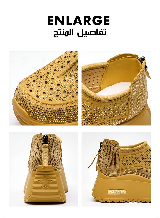 زيادة ارتفاع بصريّة 8 سم - حذاء رياضي نسائي عصري بكعب سميك، حذاء رياضي منصة تهوية مزين بالكريستال للاستخدام اليومي في الصيف - Image 5