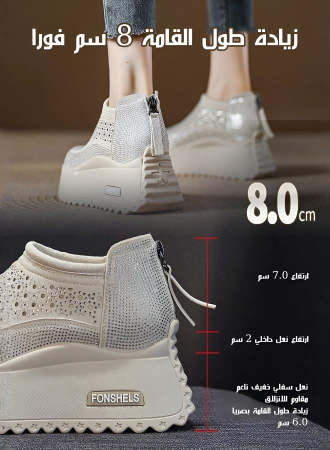زيادة ارتفاع بصريّة 8 سم - حذاء رياضي نسائي عصري بكعب سميك، حذاء رياضي منصة تهوية مزين بالكريستال للاستخدام اليومي في الصيف - Image 4