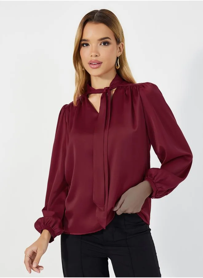 Styli Tie Up Neck Blouse with Balloon Sleeves