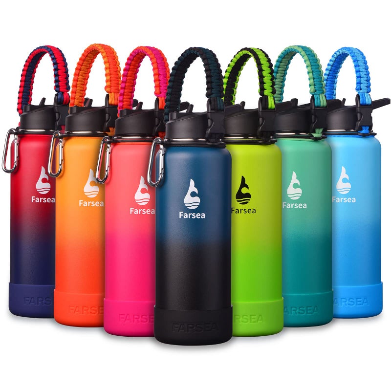 Farsea Insulated Water Bottle With Paracord Handle Protective Silicone Boot and 2 Lids Straw Lid Spout Lid Stainless Steel Water Bottle Wide Mouth Double Wall SweatProof BPAFree 40 oz