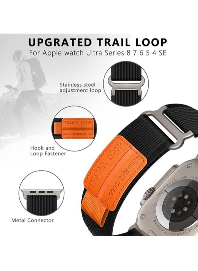 TIGER - Trail Loop Nylon Band Compatible with Apple Watch Ultra/Ultra 2 (49mm), Series 10 (46mm), Series 9/8/7 (45mm), and 42mm Models – Lightweight, Breathable, Adjustable Sports Strap for Men & Women  Black Orange - Image 1