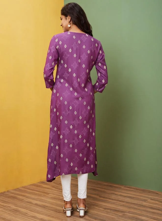 Globus  Globus Purple Printed Tie-Up Neck A-Line Kurta for Women | Best Price UAE