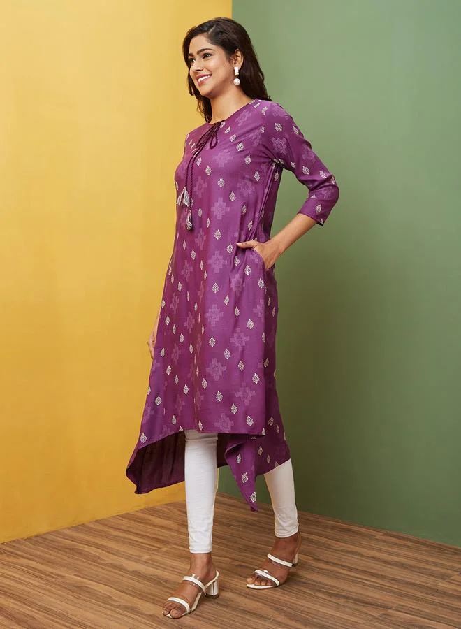 globus Globus Purple Printed Tie-Up Neck A-Line Kurta