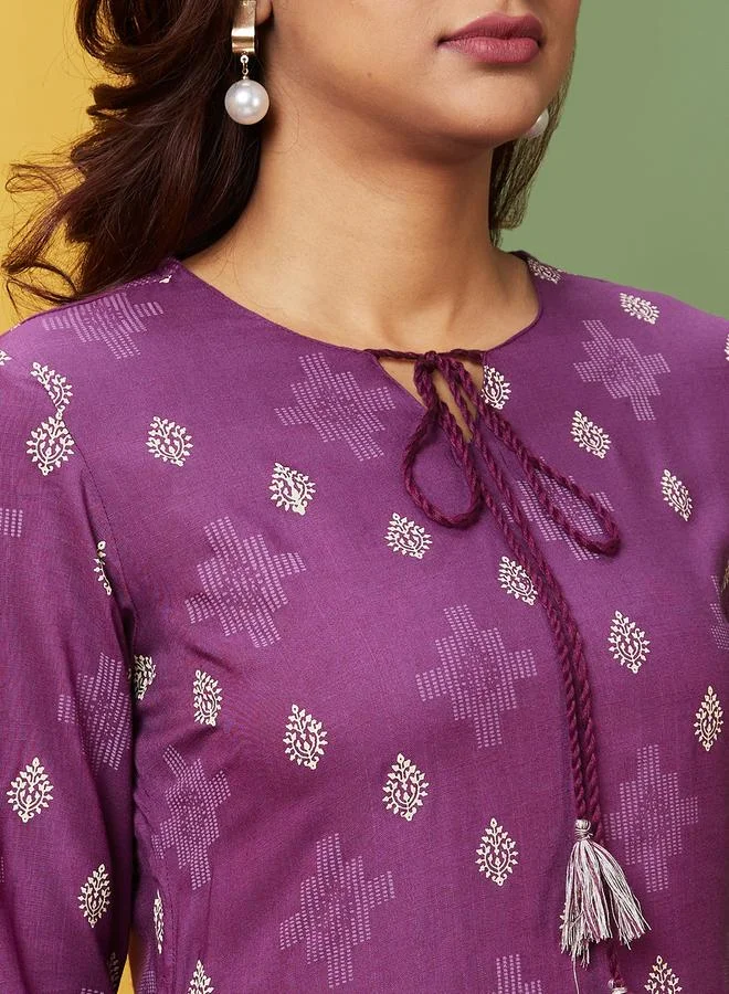 Globus  Globus Purple Printed Tie-Up Neck A-Line Kurta for Women | Best Price UAE