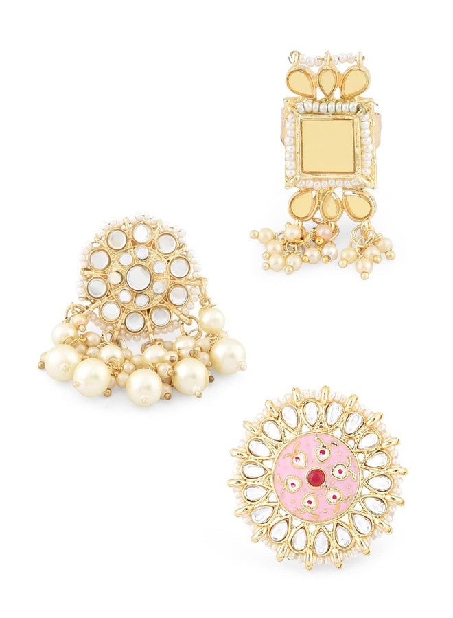 Zaveri Pearls مجموعة زافيري بيرلز من 3 خواتم أصابع نسائية قابلة للتعديل بتصميمات عرقية - ZPFK12755 - Image 1
