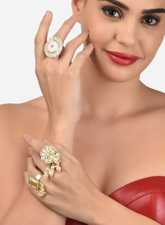 Zaveri Pearls مجموعة زافيري بيرلز من 3 خواتم أصابع نسائية قابلة للتعديل بتصميمات عرقية - ZPFK12755 - Image 3