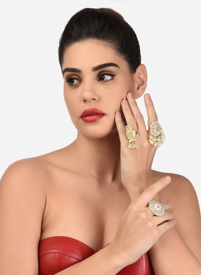 Zaveri Pearls مجموعة زافيري بيرلز من 3 خواتم أصابع نسائية قابلة للتعديل بتصميمات عرقية - ZPFK12755 - Image 5