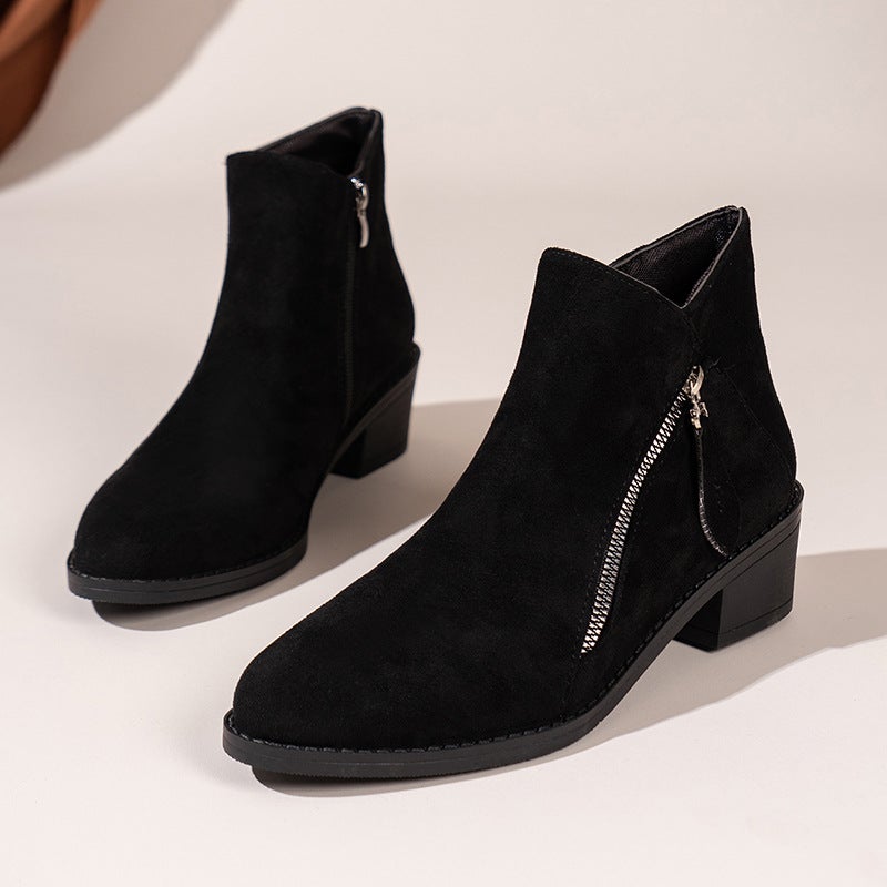 Export Large Size New Suede Fashion Short Boots Thick Heel Short Zipper Decoration Fashion Zipper Western Short Boots - Image 1