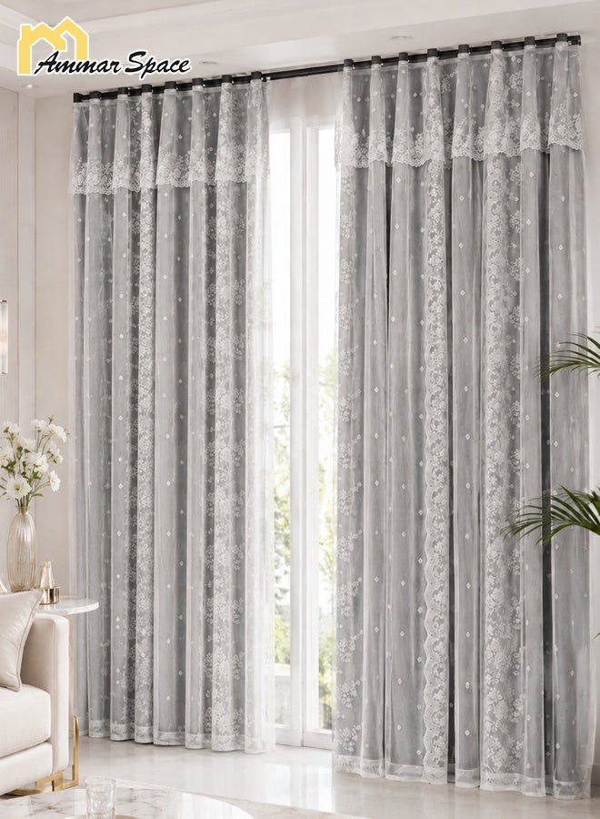 Ammar Space Grey French Lace Sheer Curtain Panel, Double Layer Light Filtering Privacy Window Drape with Hook Top for Bedroom Living Room, 1 Panel, 130 x 200 cm - Image 1