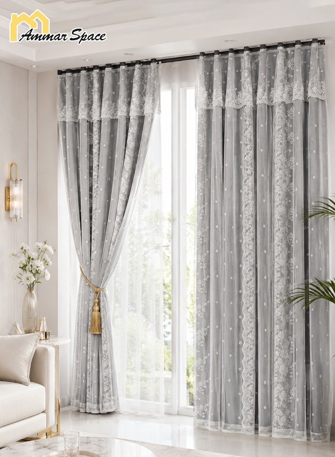 Ammar Space Grey French Lace Sheer Curtain Panel, Double Layer Light Filtering Privacy Window Drape with Hook Top for Bedroom Living Room, 1 Panel, 130 x 200 cm - Image 2