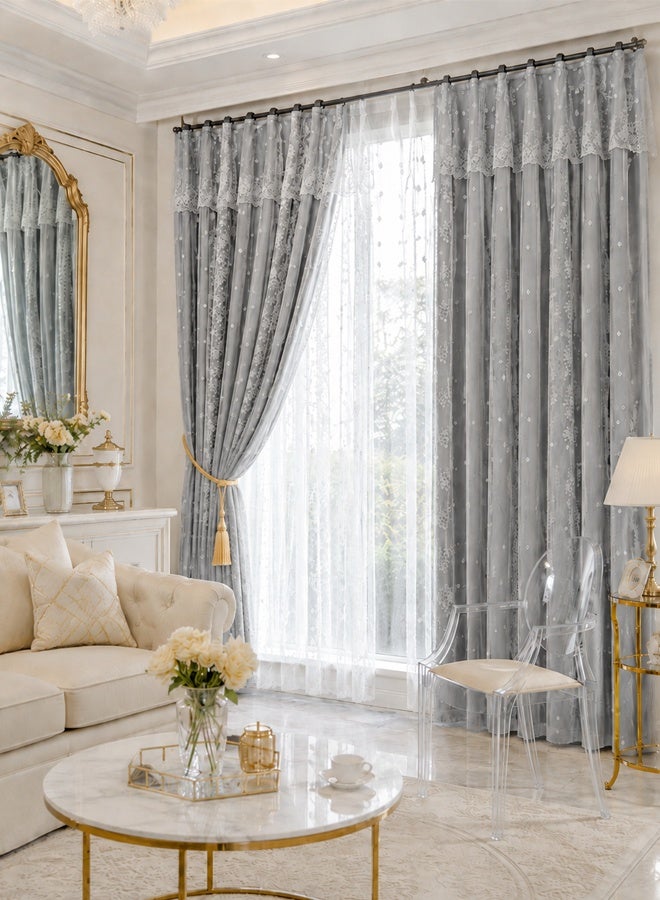 Ammar Space Grey French Lace Sheer Curtain Panel, Double Layer Light Filtering Privacy Window Drape with Hook Top for Bedroom Living Room, 1 Panel, 130 x 200 cm - Image 5