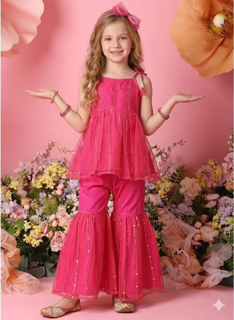 Saka Designs Magenta A-Line Kurta with Sharara for Girls