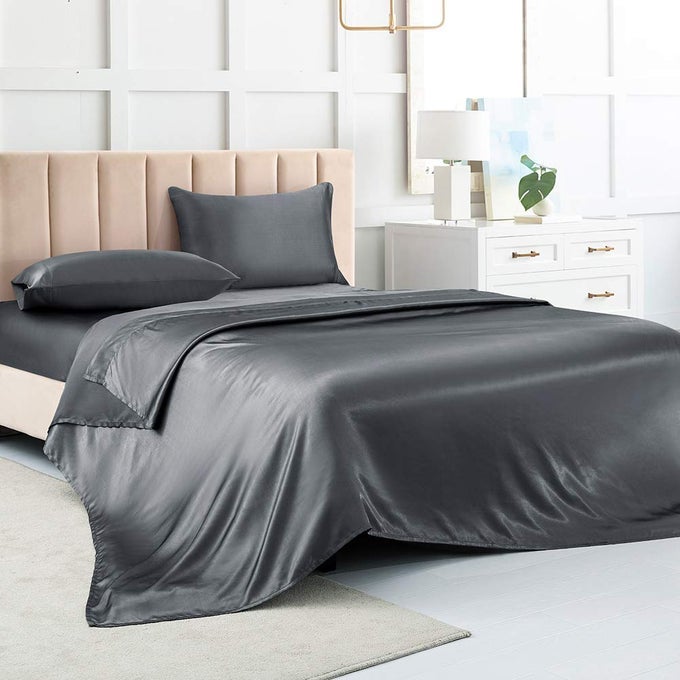 SATIN BED SHEETS KING SIZE SHEETS GREY SILK SHEETS 4 PIECES SOFT BEDDING SET WITH 1 DEEP POCKET FITTED SHEET1 FLAT SHEET2 PILLOWCASE