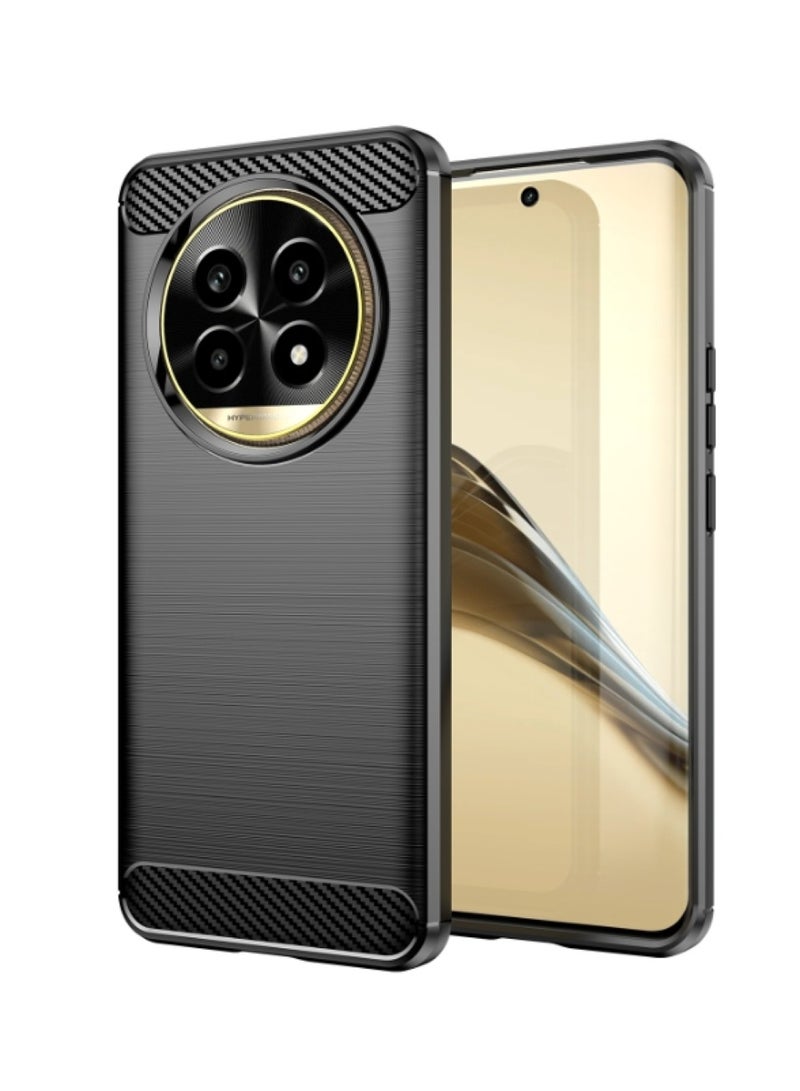 Realme 13 Pro Plus Rugged Shield Cover – Black. Brushed carbon fiber texture, shockproof TPU, anti-slip, slim, and lightweight for durable protection. - Image 1