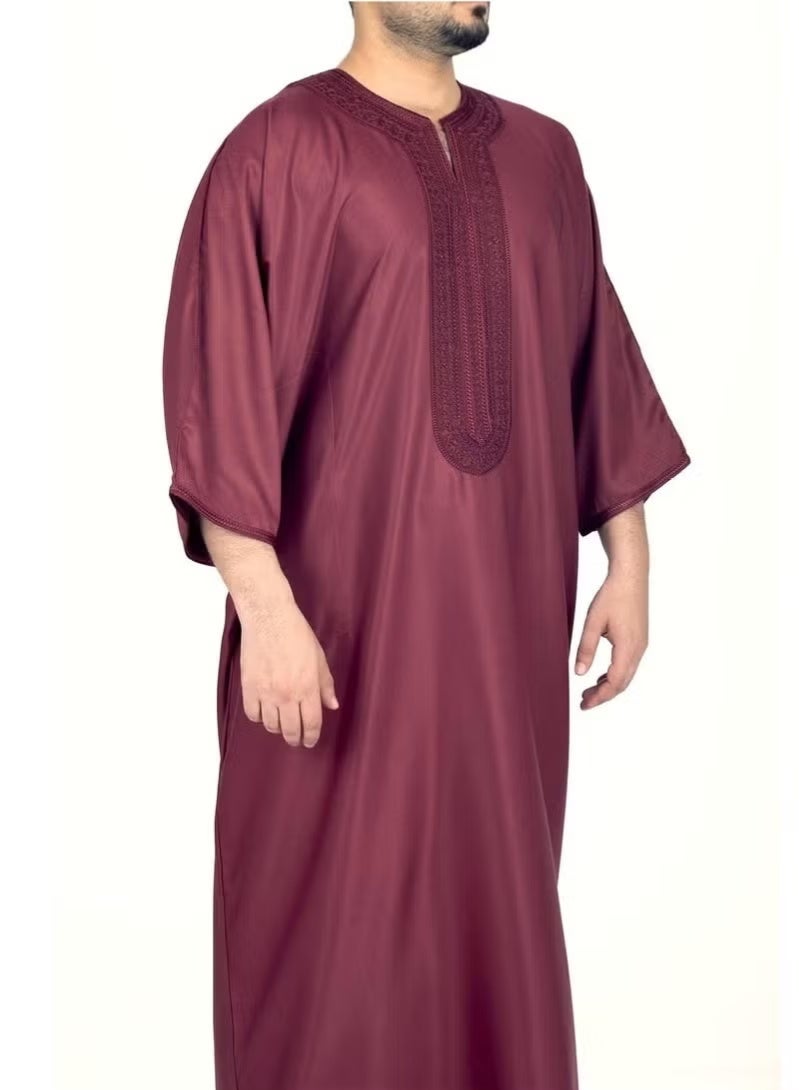 Moroccan Mens Thobe - Kaftan Embroidery Round Neck Half Sleeves Jalabiya for Men - Image 3