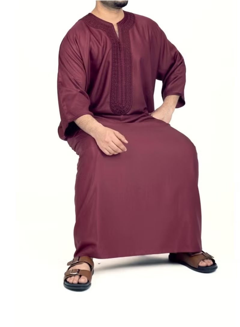 Moroccan Mens Thobe - Kaftan Embroidery Round Neck Half Sleeves Jalabiya for Men - Image 4