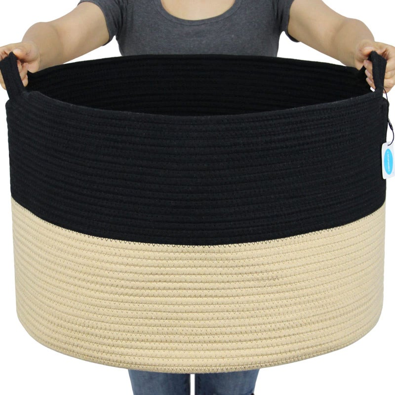 Casaphoria XXL Cotton Rope Woven Laundry Basket with Handle  Blanket Comforter Cushions Storage Bin  217 x 217 x 138 Black and Brown
