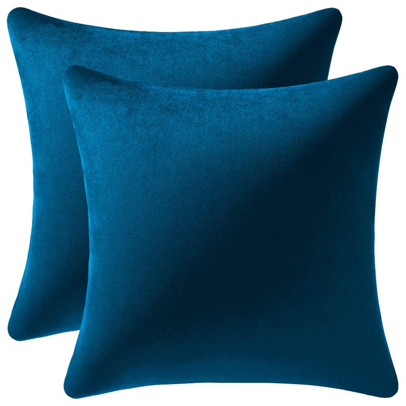 DEZENE Midnight Blue Throw Pillow Covers 2 Pack 18 x 18 Inch Cozy Soft Velvet Square Decorative Pillow Cases Lumbar Toss Pillow Shams Euro Cushion Covers for Farmhouse Couch Sofa Bed