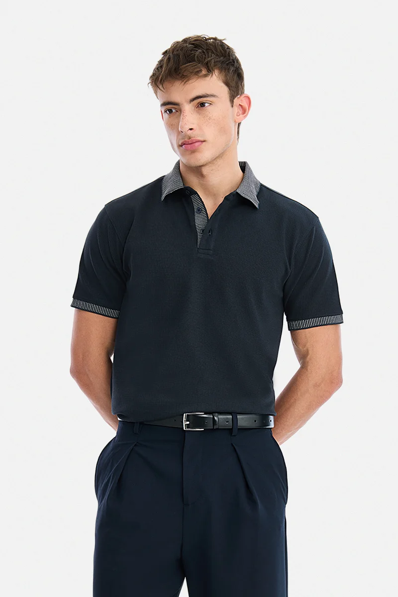 SNITCH Navy Blue Textured Half Sleeve Regular Fit Casual T-Shirt