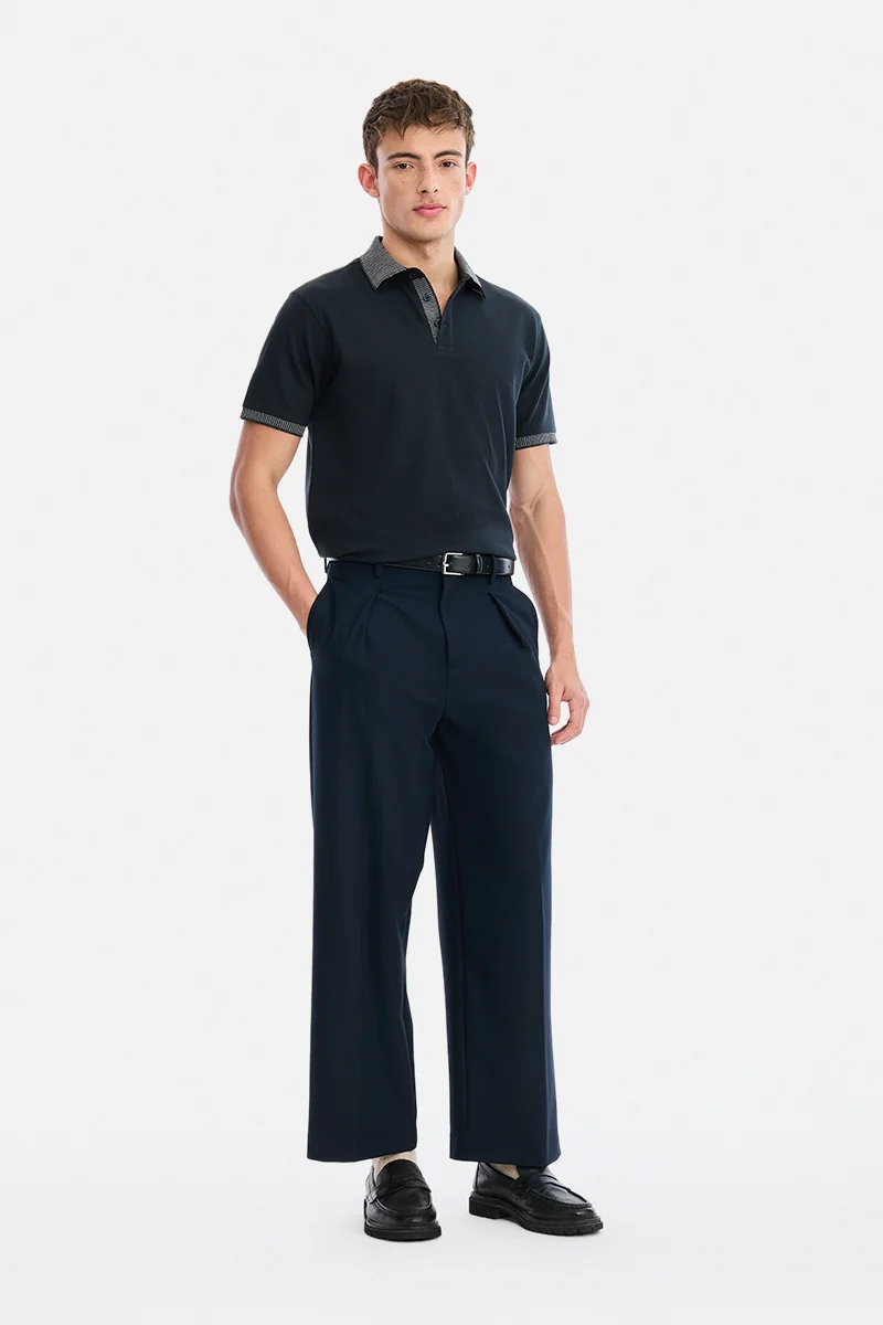 SNITCH Navy Blue Textured Half Sleeve Regular Fit Casual T-Shirt
