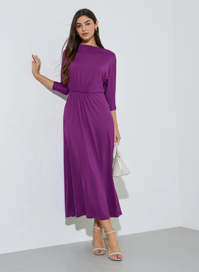Purple Solid Ruched Waist 3/4 Sleeves A-Line Maxi Dress