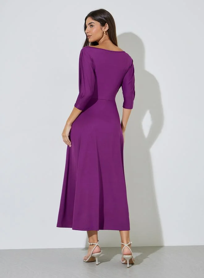 Styli  Purple Solid Ruched Waist 3/4 Sleeves A-Line Maxi Dress for Women | Best Price UAE