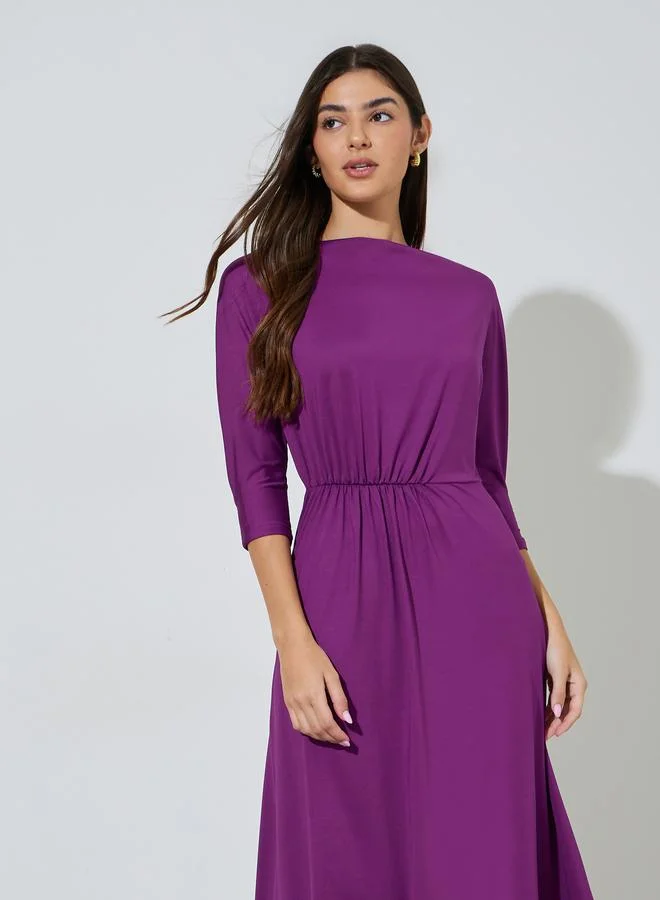 Styli  Purple Solid Ruched Waist 3/4 Sleeves A-Line Maxi Dress for Women | Best Price UAE