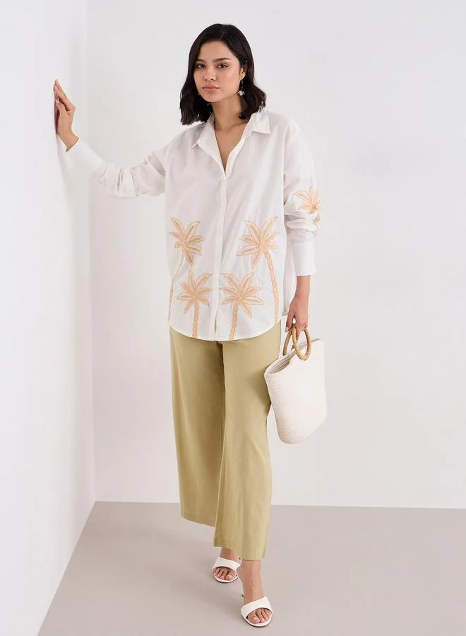 ستايلي Styli Embroidered Long Sleeve Oversized Shirt