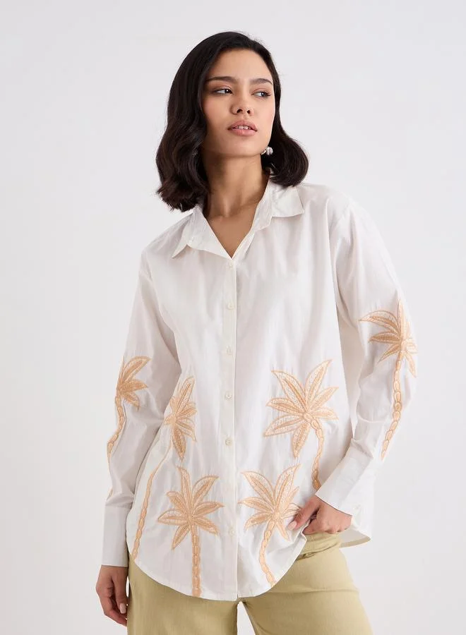 ستايلي Styli Embroidered Long Sleeve Oversized Shirt