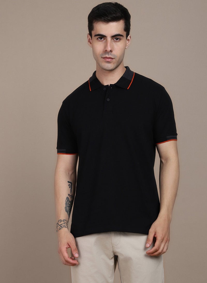 Dennis Lingo Regular Fit Half Sleeve Polo Neck Black T-Shirt for Men, 100% Cotton Everyday Casual Wear - Image 2