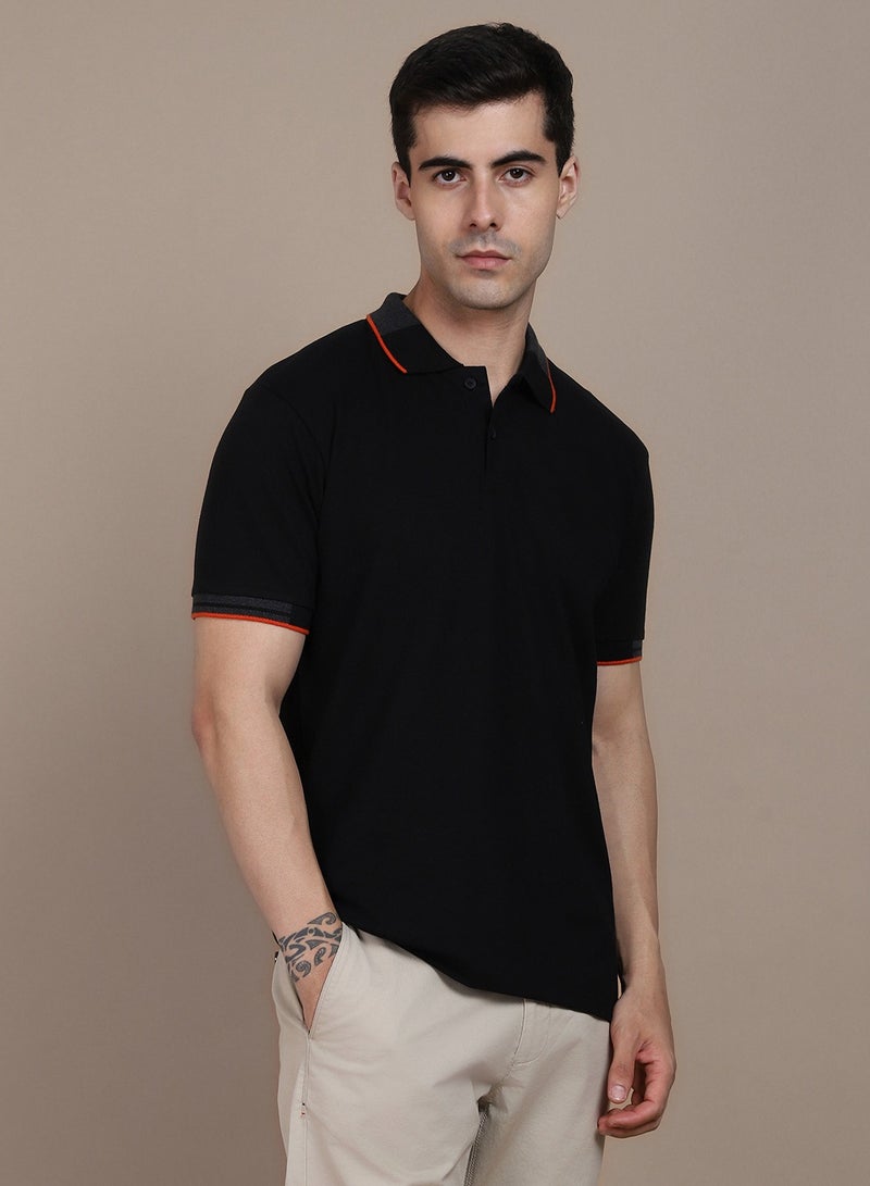 Dennis Lingo Regular Fit Half Sleeve Polo Neck Black T-Shirt for Men, 100% Cotton Everyday Casual Wear - Image 3